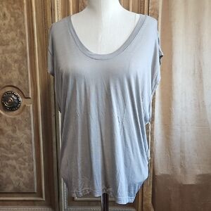 Women's Oversized Scoop Neck Short Sleeve Tee,  Lt Gray W/ Faux Leather Stripe
